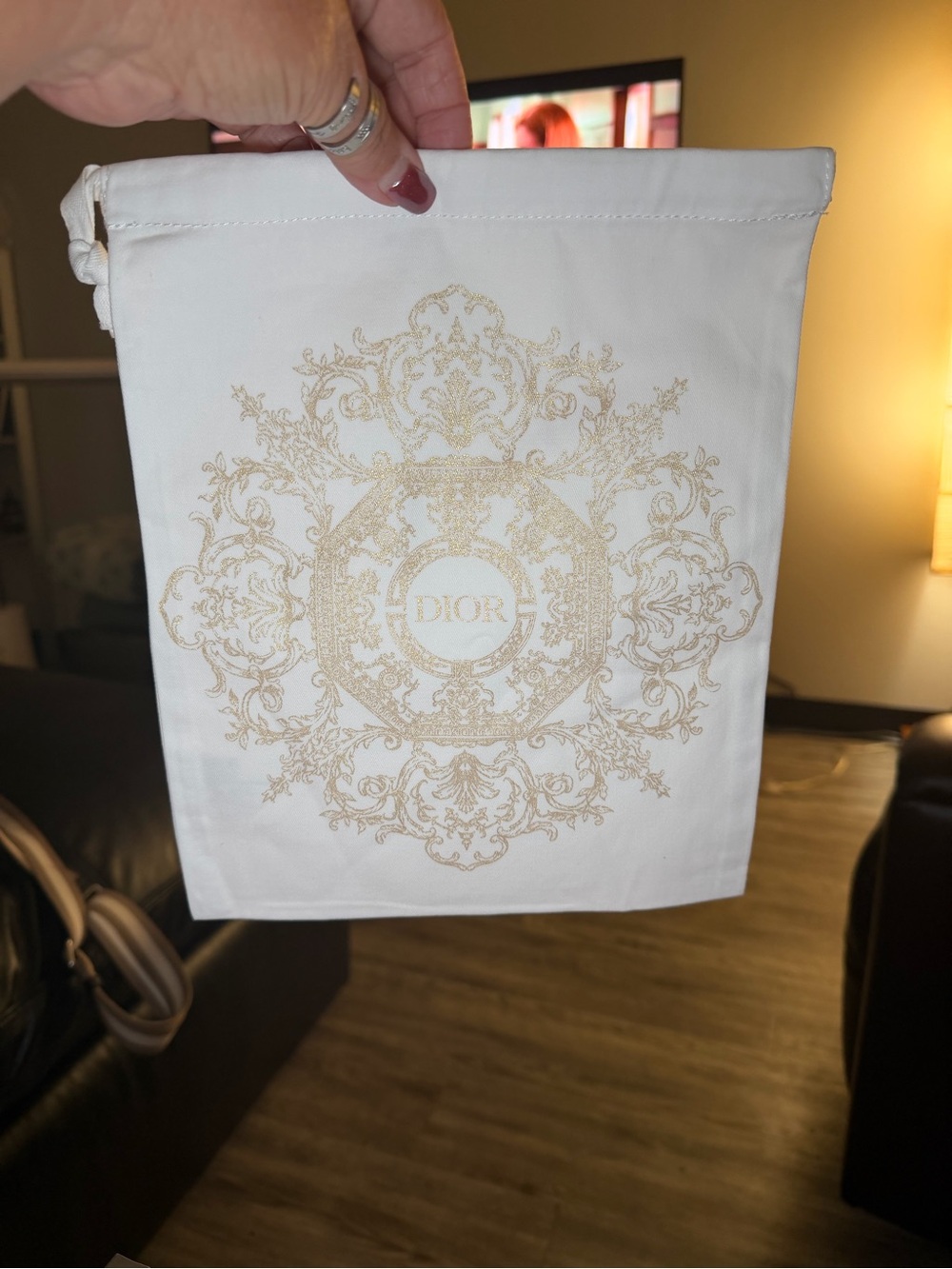 Dior White Drawstring Makeup Pouch with Gold Baroque Emblem size 9X11